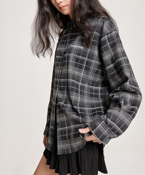 LETTERING EMBROIDERED VINTAGE LOOSE-FIT CHECK SHIRT, BLACK