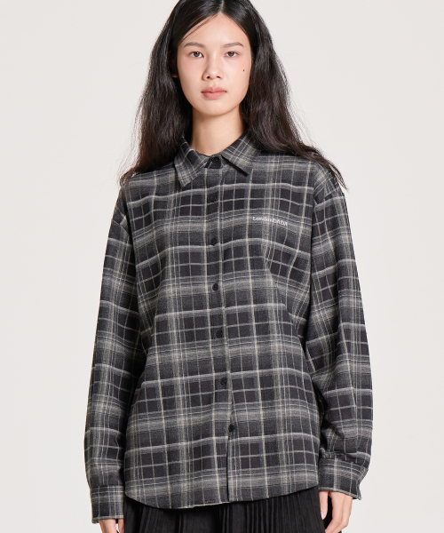 LETTERING EMBROIDERED VINTAGE LOOSE-FIT CHECK SHIRT, BLACK