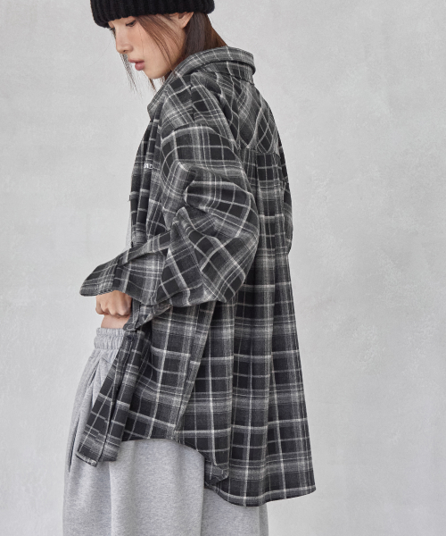 LETTERING EMBROIDERED VINTAGE LOOSE-FIT CHECK SHIRT, BLACK