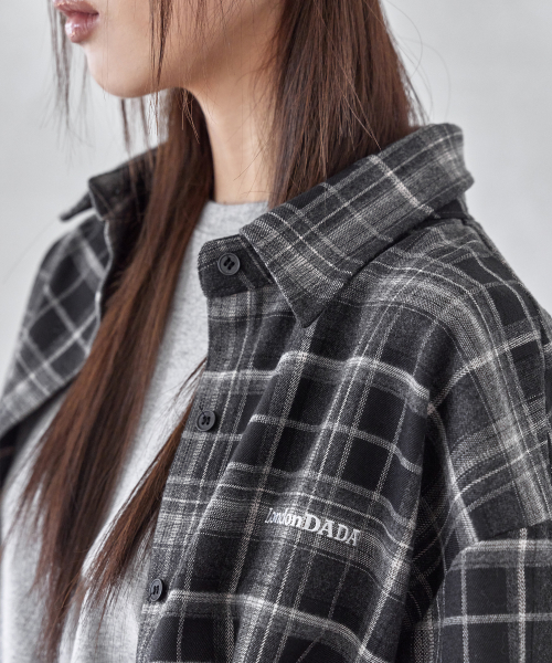 LETTERING EMBROIDERED VINTAGE LOOSE-FIT CHECK SHIRT, BLACK