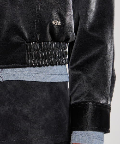 VELVET LEATHER ZIP-UP BLOUSON JACKET, BLACK