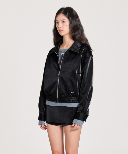 VELVET LEATHER ZIP-UP BLOUSON JACKET, BLACK