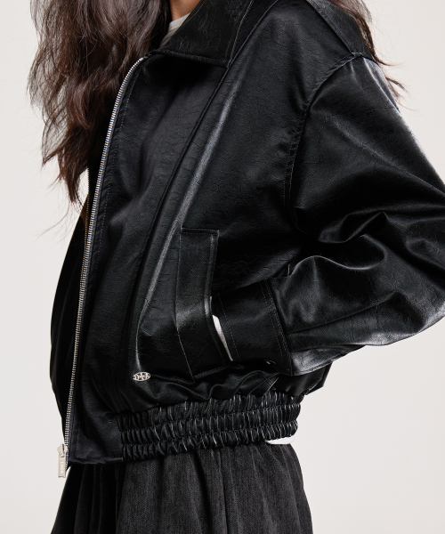 VELVET LEATHER ZIP-UP BLOUSON JACKET, BLACK