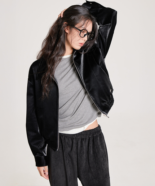 VELVET LEATHER ZIP-UP BLOUSON JACKET, BLACK