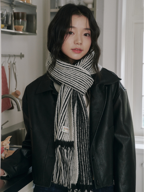 Rain Tassel Knit Muffler (Black&Cream)
