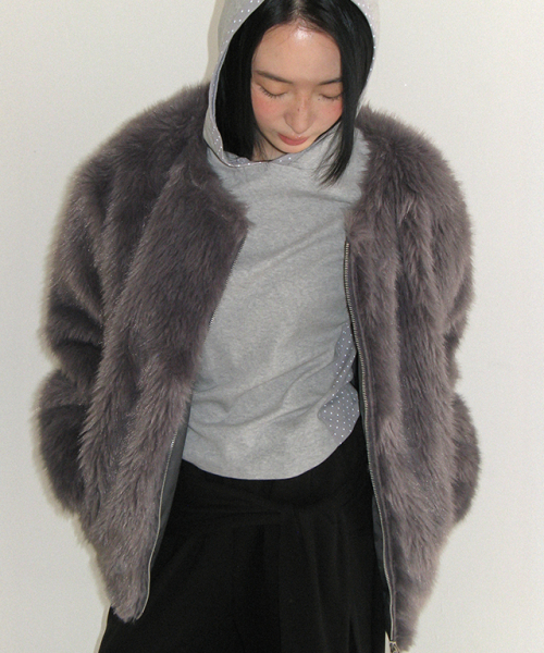 INNER POINTED FLUFFY FUR JACKET CHARCOAL