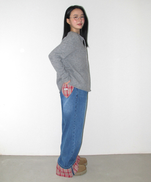 PATCH ROLL UP DENIM PANTS RED CHECK