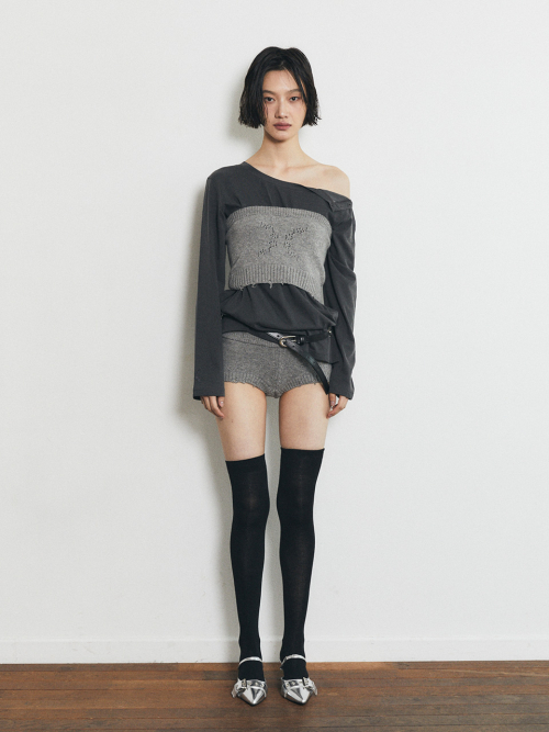 롱 슬리브 숄더 컷 아웃 티셔츠_챠콜
