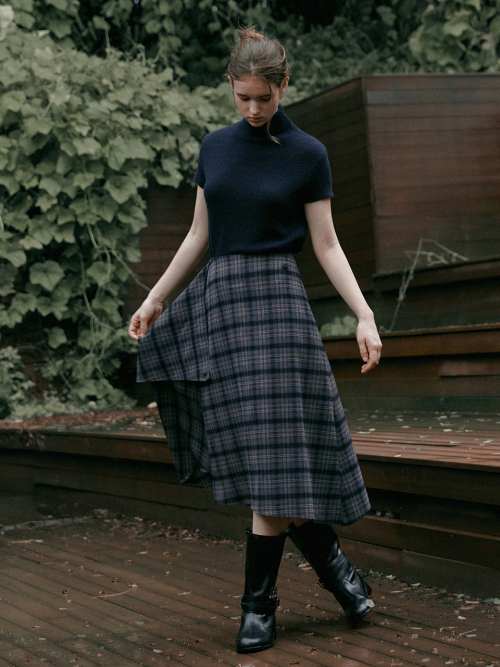 SAVAGE check wrap unbalance skirt_GRAY