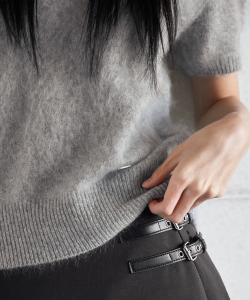 HAIRY WOOL PENDANT HALF-SLEEVE KNIT, GREY