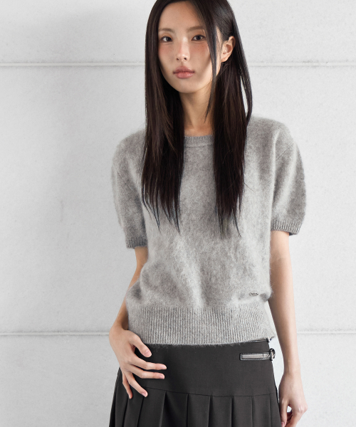 HAIRY WOOL PENDANT HALF-SLEEVE KNIT, GREY