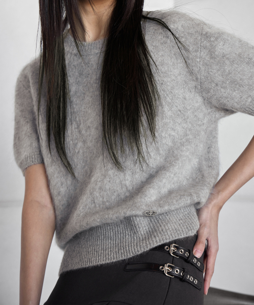 HAIRY WOOL PENDANT HALF-SLEEVE KNIT, GREY