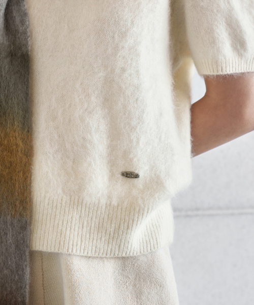HAIRY WOOL PENDANT HALF-SLEEVE KNIT, IVORY