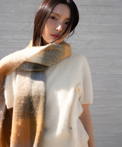 HAIRY WOOL PENDANT HALF-SLEEVE KNIT, IVORY