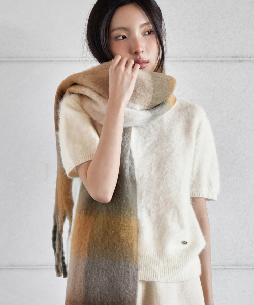 HAIRY WOOL PENDANT HALF-SLEEVE KNIT, IVORY