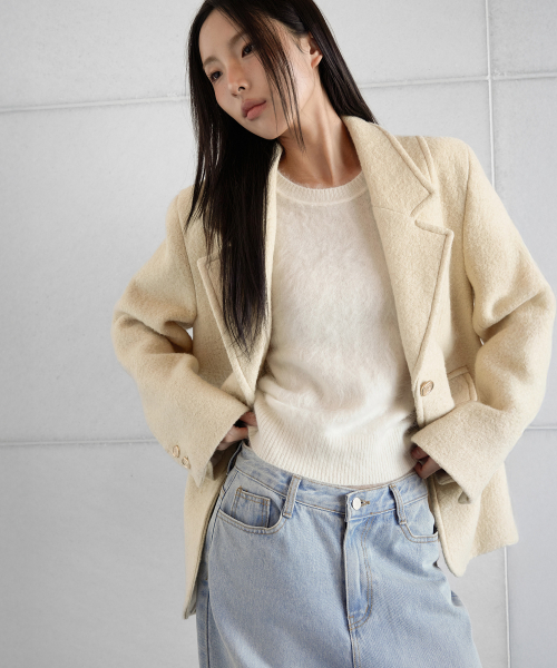 BOUCLE LOGO PATCHED WOOL JACKET, BUTTER YELLOW