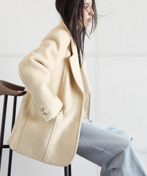 BOUCLE LOGO PATCHED WOOL JACKET, BUTTER YELLOW