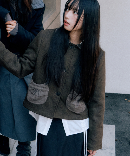 미니멀 체크 배색 포인트 세미 크롭 리스트 오버핏 코트 자켓_2COLOR