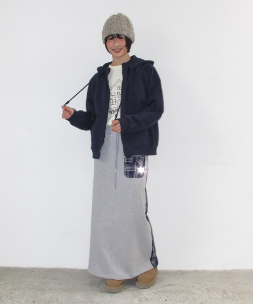 SIDE CHECK RIBBON POCKET MAXI SKIRT GREY