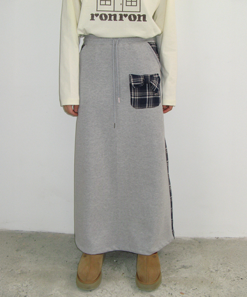SIDE CHECK RIBBON POCKET MAXI SKIRT GREY
