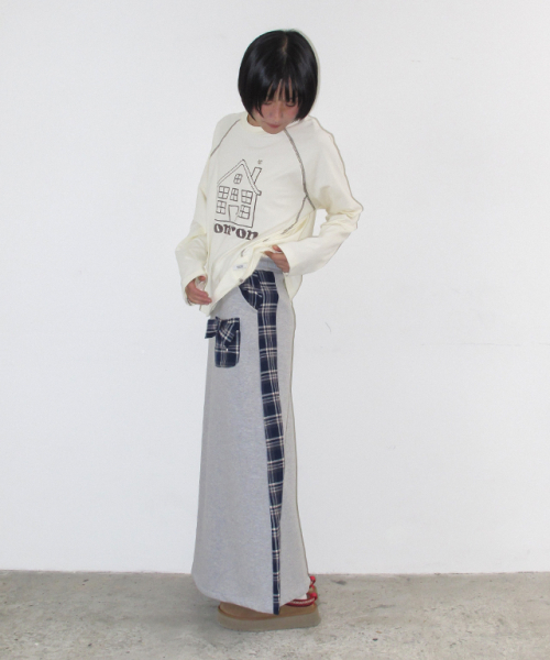 SIDE CHECK RIBBON POCKET MAXI SKIRT GREY