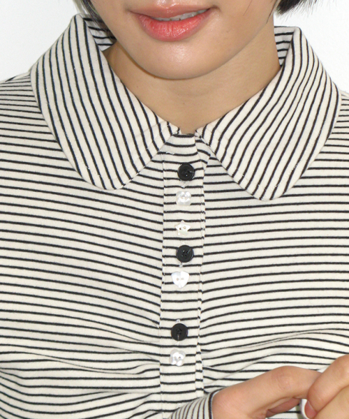 SHIRRING STRIPE BUTTON LONG SLEEVE IVORY BLACK