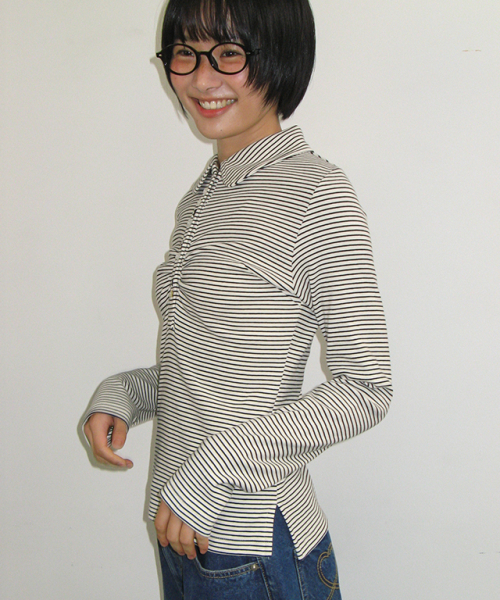 SHIRRING STRIPE BUTTON LONG SLEEVE IVORY BLACK