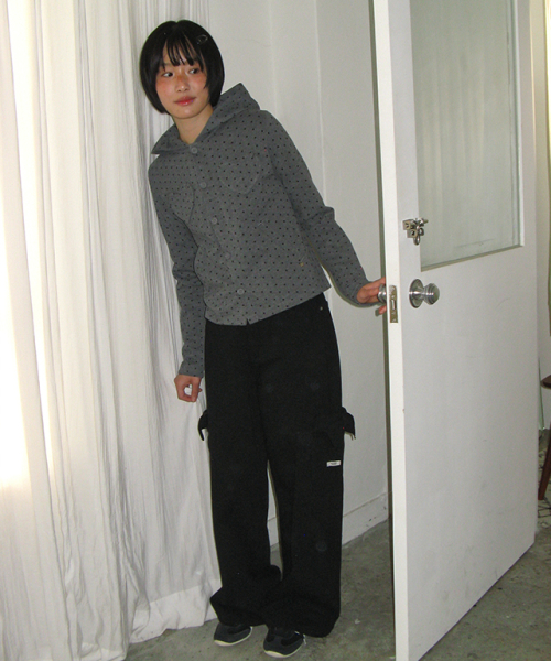 HEART POCKET DOT HOODED CARDIGAN GREY