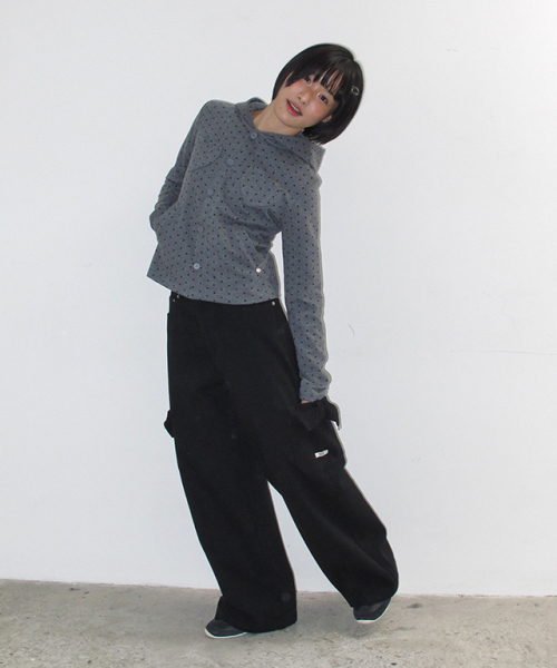 HEART POCKET DOT HOODED CARDIGAN GREY