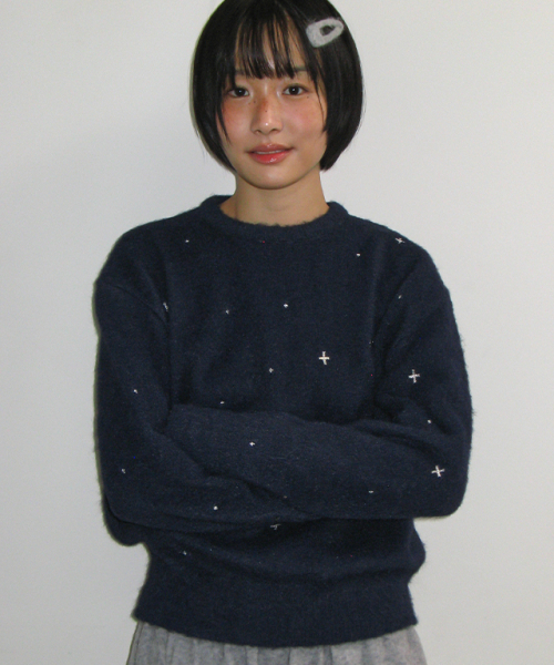 HAIRY PEARL EMBROIDERY KNIT NAVY