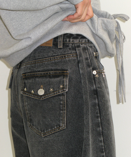 STUD BALLOON DENIM PANTS BLACK