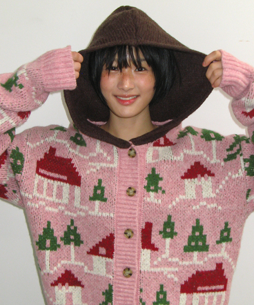 HOUSE JACQUARD HOODED KNIT CARDIGAN PINK