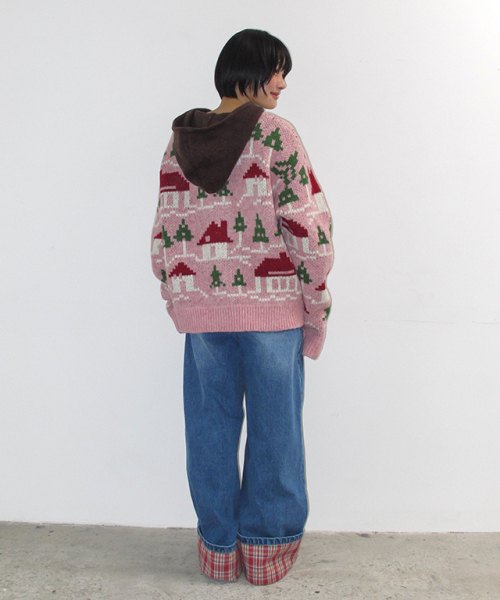 HOUSE JACQUARD HOODED KNIT CARDIGAN PINK