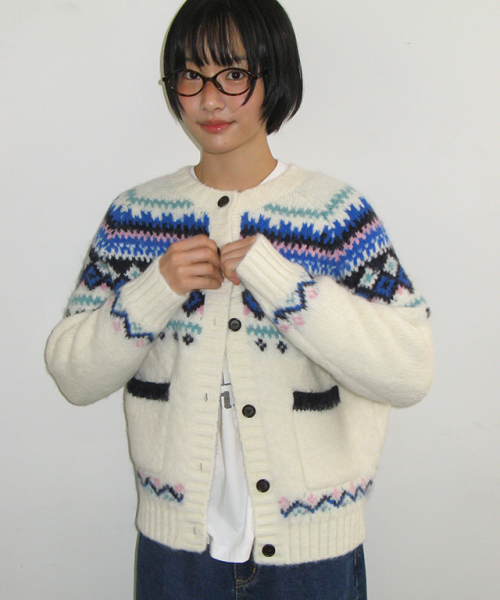 NORDIC FAIR ISLE KNIT CARDIGAN IVORY