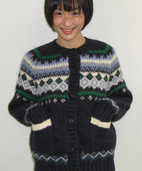NORDIC FAIR ISLE KNIT CARDIGAN NAVY