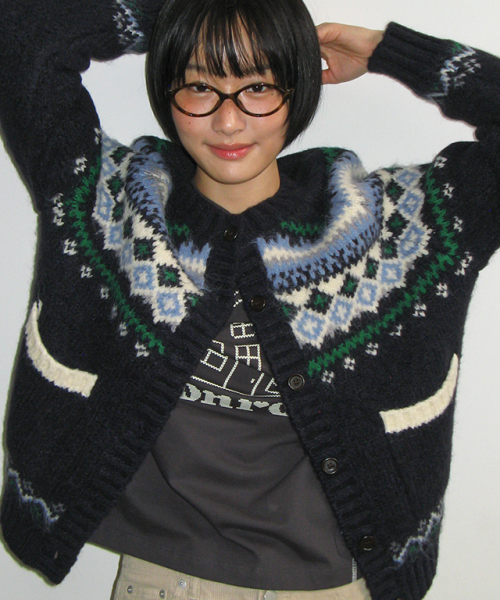 NORDIC FAIR ISLE KNIT CARDIGAN NAVY