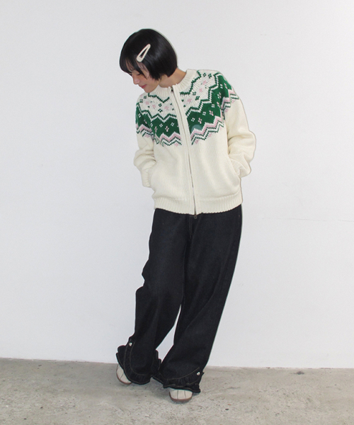 NORDIC FAIR ISLE COWICHAN KNIT ZIP UP IVORY