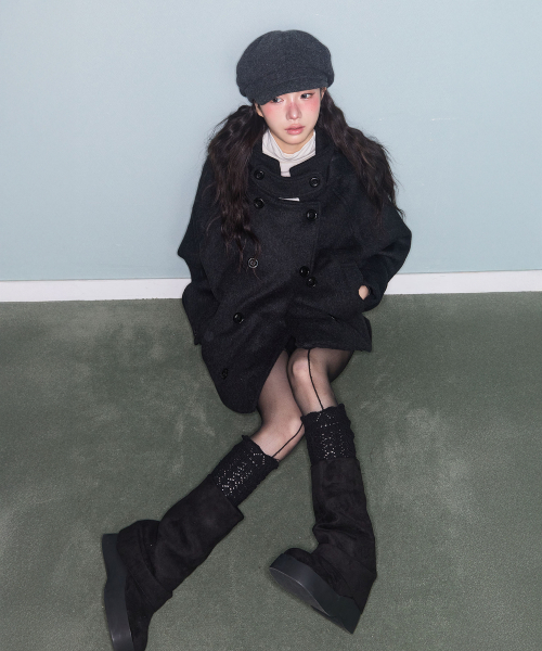 HOODED DOUBLE HALF COAT CHARCOAL