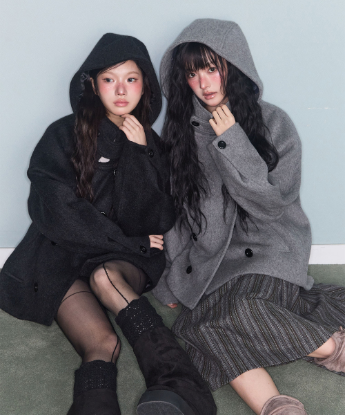 HOODED DOUBLE HALF COAT CHARCOAL