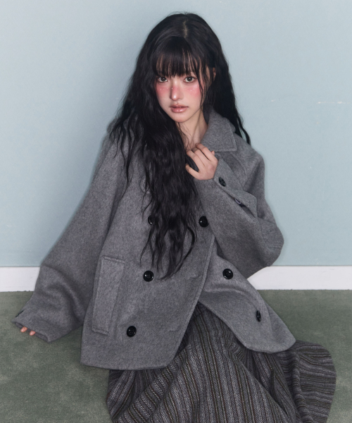 HOODED DOUBLE HALF COAT GREY