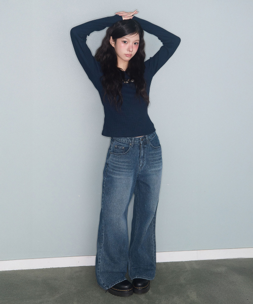 STITCH LINE WIDE DENIM PT BLUE