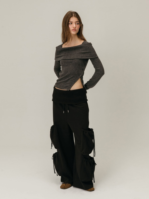 FOLDOVER SHIRRING SWEATPANTS / BLACK