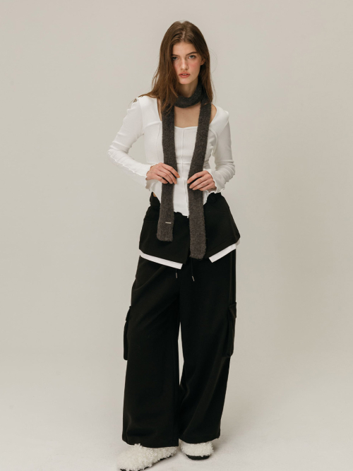 CARGO LAYERED SKIRT PANTS / BLACK