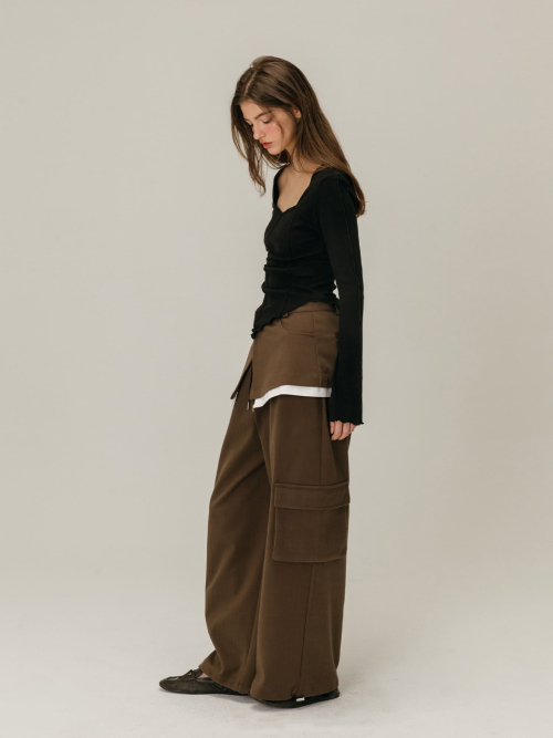 CARGO LAYERED SKIRT PANTS / BROWN
