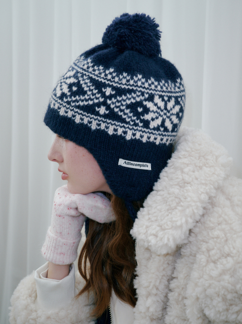 Snowflake Jacquard Earflap Beanie (Navy)