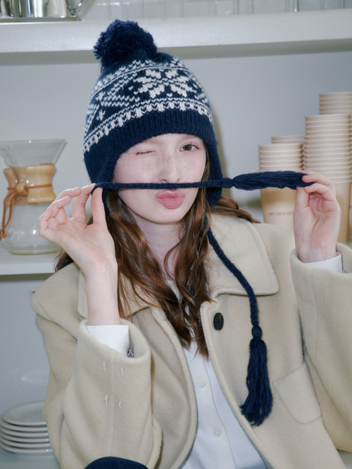 Snowflake Jacquard Earflap Beanie (Navy)