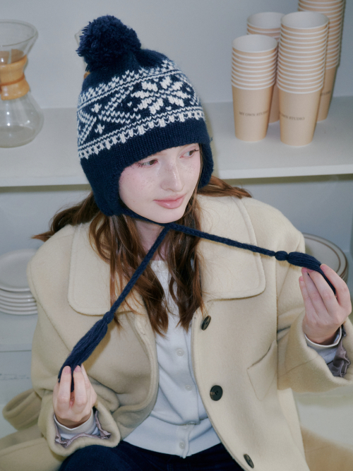 Snowflake Jacquard Earflap Beanie (Navy)