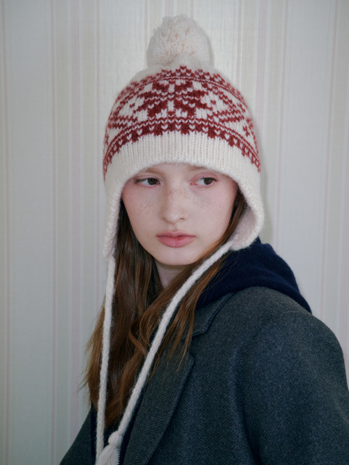 Snowflake Jacquard Earflap Beanie (Ivory)