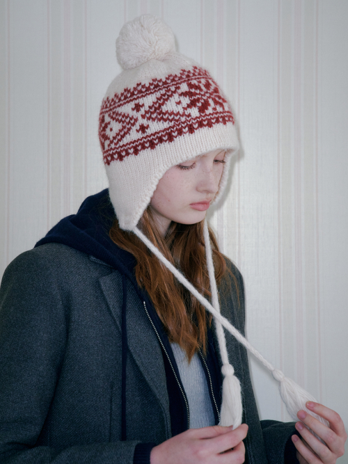 Snowflake Jacquard Earflap Beanie (Ivory)