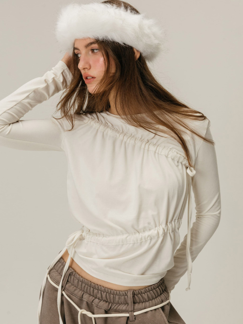 SHIRRING BOAT NECK T-SHIRT / IVORY